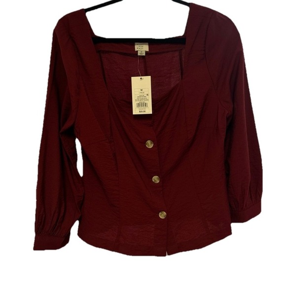 WOMENS BALLOON 3/4 SLEEVE SQUARE NECK BLOUSE - A NEW DAY, BURGUNDY MED - Picture 4 of 5